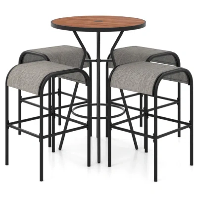 Costway 5 Pieces Outdoor Round Bar Table Set With 1.6 Inches Umbrella Hole In Brown