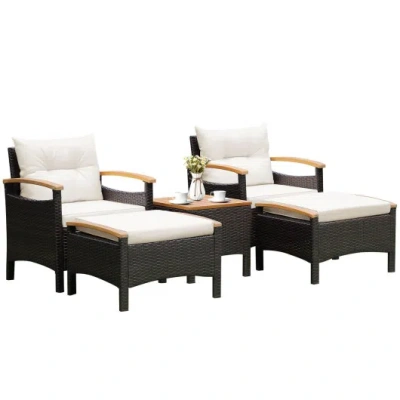 Costway 5 Pieces Patio Conversation Set With Cushions Coffee Table And 2 Ottomans In White