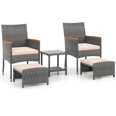 Costway 5 Pieces Patio Conversation Set With Soft Cushions And Ottomans-beige In Gray