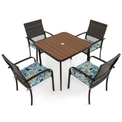 Costway 5 Pieces Patio Dining Set 4 Cushioned Rattan Armchairs And Square Table In Multi