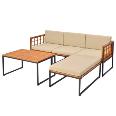 Costway 5 Pieces Patio Furniture Set Acacia Wood Sectional Set With Heavy-duty Metal Frame-beige In Brown
