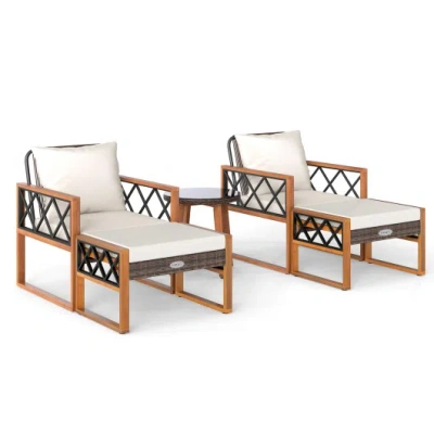 Costway 5 Pieces Patio Furniture Set Pe Rattan Outdoor Conversation Set With Acacia Wood In White