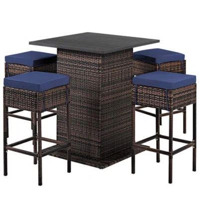 Costway 5 Pieces Patio Rattan Bar Table Stool Set Hidden Storage Shelf Cushioned-navy In Black