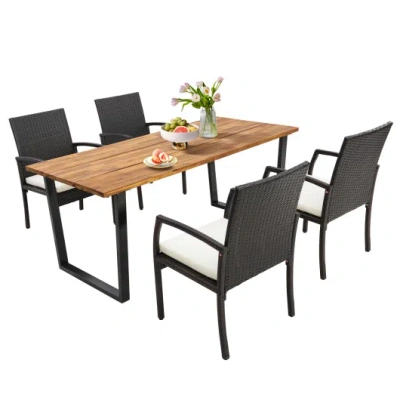 Costway 5 Pieces Patio Rattan Dining Set With Umbrella Hole And Seat Cushions In Multi