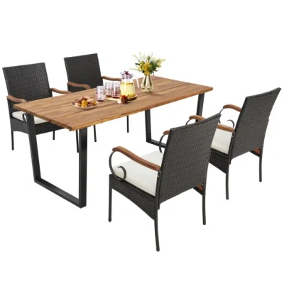 Costway 5 Pieces Patio Rattan Dining Set With Umbrella Hole For Poolside Backyard