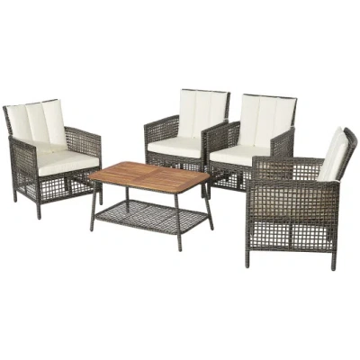 Costway 5 Pieces Patio Rattan Furniture Set Cushioned Sofa Armrest Wooden Tabletop-off White In Brown
