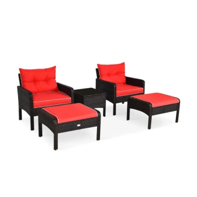 Costway 5 Pieces Patio Rattan Sofa Ottoman Furniture Set With Cushions-red In Black