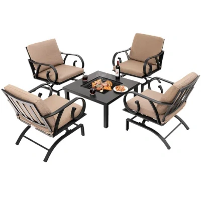 Costway 5 Pieces Patio Rocking Chairs And 4-in-1 Fire Pit Table With Fire Poker In Brown