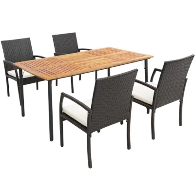 Costway 5 Pieces Patio Wicker Cushioned Dining Set With Umbrella Hole In Animal Print