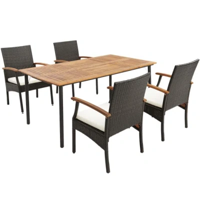 Costway 5 Pieces Patio Wicker Cushioned Dining Set With Wood Armrest And Umbrella Hole In Brown