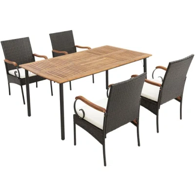 Costway 5 Pieces Patio Wicker Dining Set With Detachable Cushion And Umbrella Hole In Gray