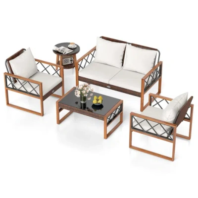 Costway 5 Pieces Pe Wicker Patio Furniture Set With Acacia Wood Frame In White