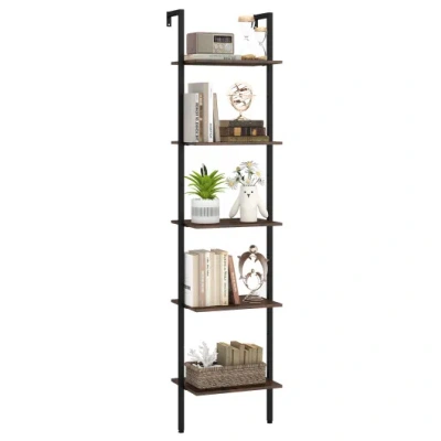 Costway 5 Tier Wall Mount Ladder Shelf With Anti-tipping Kits For Home Office-rustic Brown In Multi