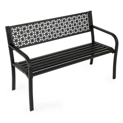 Costway 50 Inch Garden Bench With Patterned Backrest And Curved Armrests For 2-3 Person-black