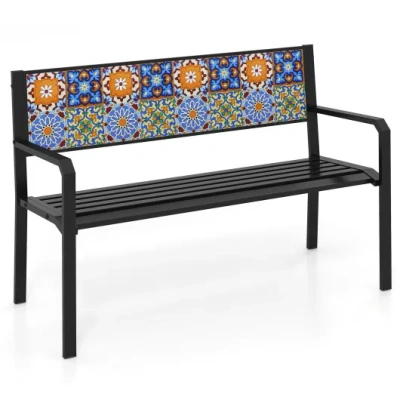 Costway 50 Inch Patio Metal Bench Slatted Loveseat For 2-3 People With Mosaic Backrest-black