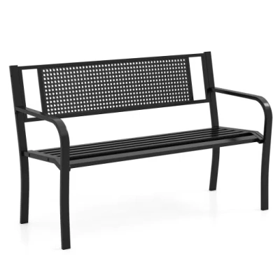 Costway 50 Inches Garden Bench With Patterned Backrest And Curved Armrests-black