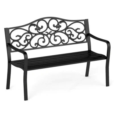 Costway 50 Inches Outdoor Cast Iron Metal Patio Bench With Floral Design Backrest And Slatted Seat-black