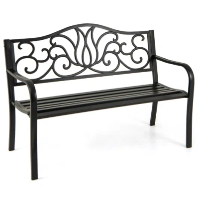Costway 50 Inches Outdoor Garden Bench With Floral Design Backrest And Slatted Seat-black