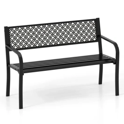 Costway 50 Inches Outdoor Garden Bench With Geometric Lattice Backrest And Slatted Seat-black