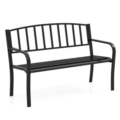 Costway 50 Inches Outdoor Garden Bench With Slatted Backrest And Curved Armrests-black