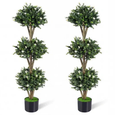 Costway 51" Artificial Triple Ball Boxwood Topiary Tree With 59 Blossoms Set Of 2-white In Green