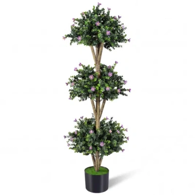 Costway 51" Artificial Triple Ball Boxwood Topiary Tree With 59 Blossoms-purple In Green