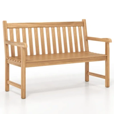 Costway 51/62inch Teak Outdoor Porch Bench 3-seat Solid Wood Garden Patio Bench With Armrests-51 Inch In Brown
