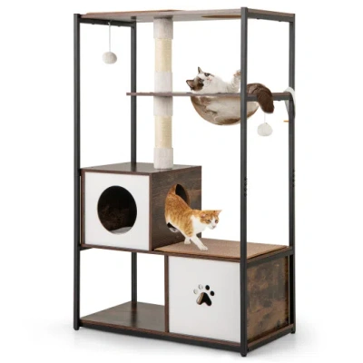 Costway 52 Inch Tall Wooden Cat Tree Metal Frame With 2 Condos And Cushions-coffee In Brown