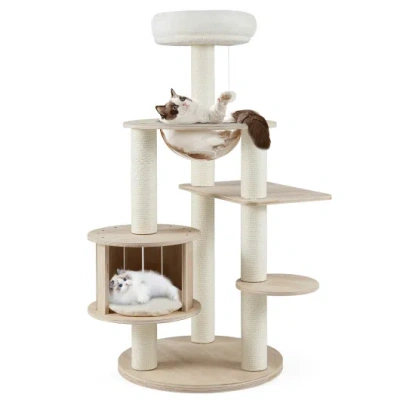 Costway 52 Inches Tall Wooden Cat Tree With Washable Plush Cushions And Multi-level Climbing Stand In White