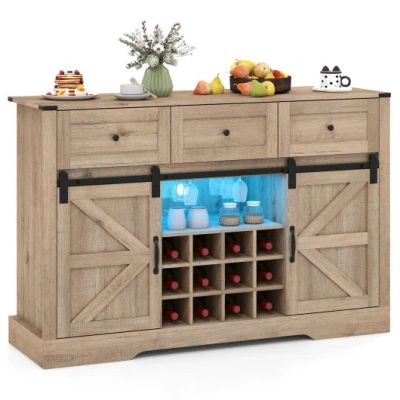 Costway 52 Inches Wine Bar Cabinet With Led Lights And Sliding Barn Doors-light Gray In Brown