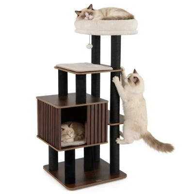 Costway 53.5 Inch Tall Cat Tree For Indoor Cat Wooden Cat Tower Top Perch With Soft Padding-brown