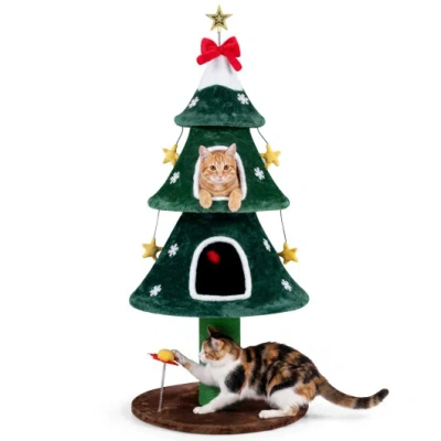 Costway 54 Inch Christmas Cat Tree With 2 Private Condos For Indoor Cats-green