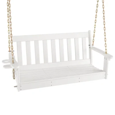 Costway 54 Inch Hdpe Patio Porch Swing With Cup Holder-white