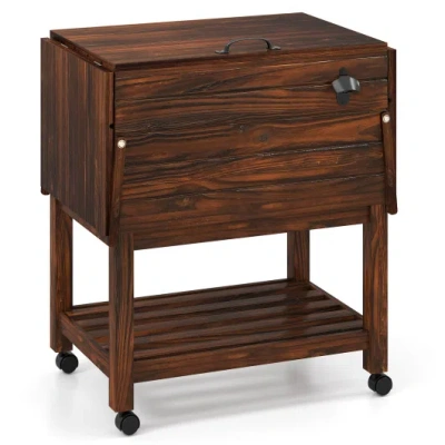 Costway 54 Quart Wooden Cooler Cart For Patio Rolling Ice Chest With Shelves-brown In Multi