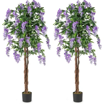 Costway 5.5 Ft Faux Wisteria Plant In Nursery Pot With Blooming Flowers Set Of 2-purple In Multi