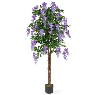 Costway 5.5 Ft Faux Wisteria Plant In Nursery Pot With Blooming Flowers-purple In Multi