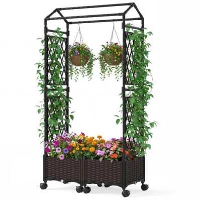 Costway 5.5 Ft Self-watering Planter Boxes With Lattice Trellis And Roof-brown In Black