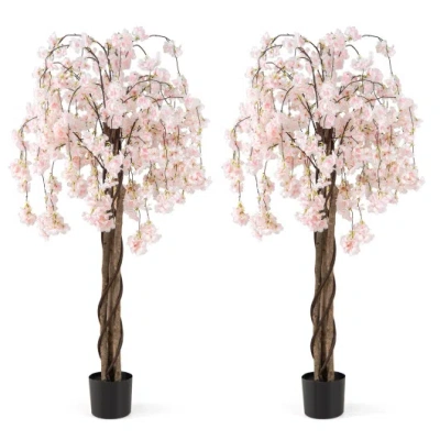 Costway 5.5 Ft Tall Artificial Cherry Blossom Tree With Pink/white Flowers 2 Pack-white