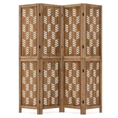 Costway 5.5 Ft Tall Room Divider 4 Panels With Wave Cutout & Paulownia Frame For Room-brown