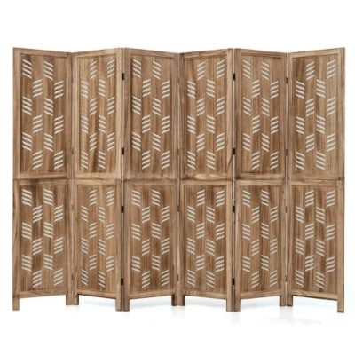 Costway 5.5 Ft Tall Room Divider 6 Panels With Wave Cutout & Paulownia Frame For Room-brown