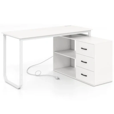 Costway 55 Inch Reversible L Shaped Desk With 3 Drawers Home Office Desk With Adjustable Shelf-white