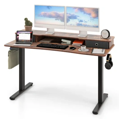 Costway 55 Inch X 24 Inch Height Adjustable Electric Standing Desk With 2 Drawers-brown In Multi