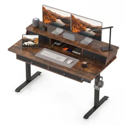 Costway 55 Inch X 27 Inch Electric Standing Desk With Drawers-rustic Brown In Multi