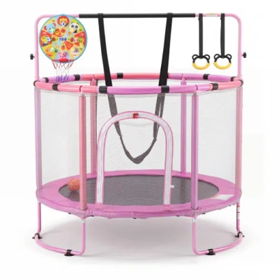 Costway 55" Trampoline For Kids With Adjustable Gymnastics Bar And Basketball Hoop For 3+-purple In Pink