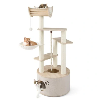 Costway 55.5 Inches Tall Wooden Cat Tree With Washable Plush Cushions For Indoor Cats In White