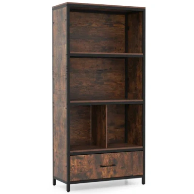 Costway 56" Tall Freestanding Bookcase With Drawer 5 Tier-rustic Brown