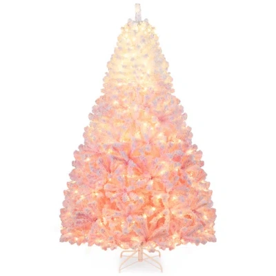 Costway 5/6/7/8 Ft Artificial Christmas Tree With Warm White Led Lights And 8 Modes For Holiday-7 Feet In Pink