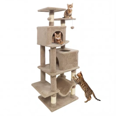 Costway 57 Inch Cat Tree With Dual Condos And Hammock And 2 Dangling Balls-coffee In Brown