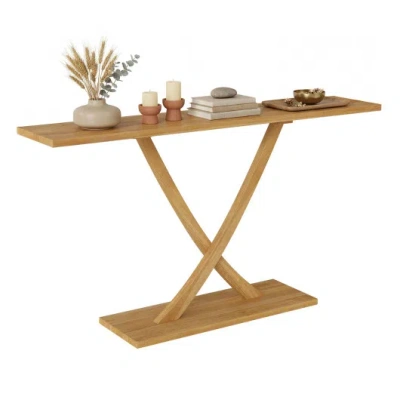 Costway 57 Inch Solid Wood Console Table With Teak Wood Frame And Geometric Design In Brown