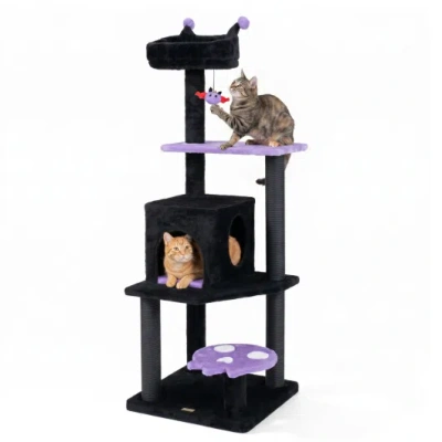 Costway 57" Spooky Cat Tower With Padded Perch And Spider-shaped Hanging Toy-purple In Black